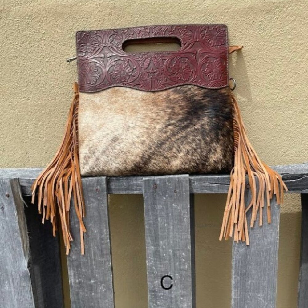 Brown Tooled Leather and Cowhide Concealed Carry Purse with Strap and Handle